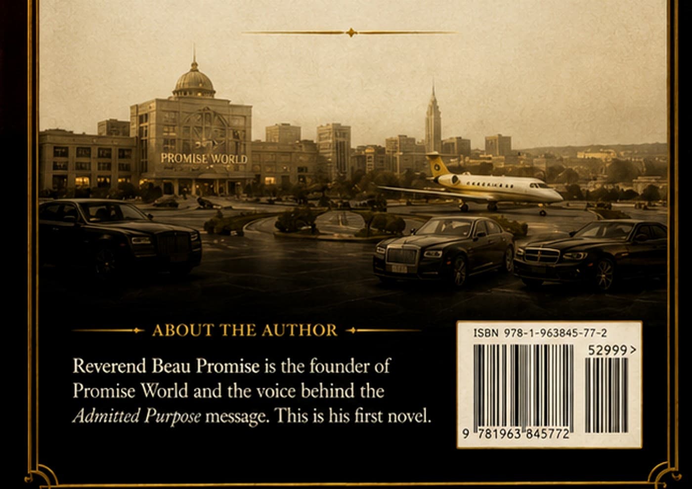 Sepia-toned Promise World city, aircraft, and motorcade imagery from the book jacket